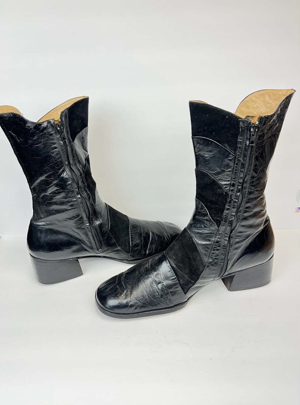 Vintage Italian Leather and Suede Patchwork Mid-Calf Zip-Up Boots ( No Size )